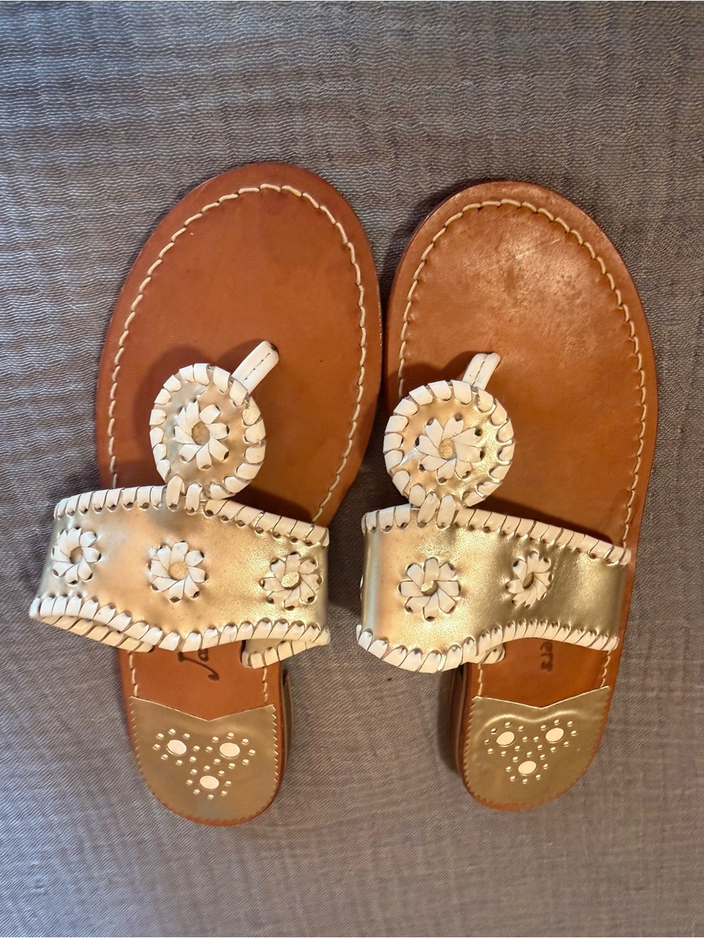 Jack Rogers Metallic Gold Leather Floral Thong Sandals